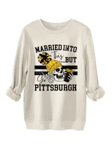 Casual long sleeve crewneck sweatshirt featuring a cool skull graphic and Pittsburgh text print.