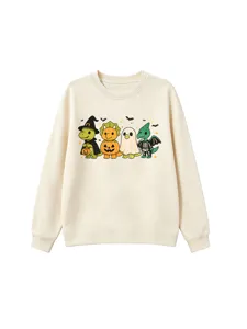 Cute Halloween dinosaur graphic detail on kids crewneck sweatshirt, soft cotton fabric.