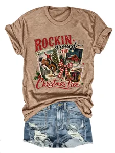 Casual βαμβακερό κοντομάνικο t-shirt με vintage western χριστουγεννιάτικο print.