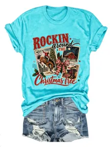 Γυναικείο τουρκουάζ κοντομάνικο t-shirt με vintage western χριστουγεννιάτικο σχέδιο print.