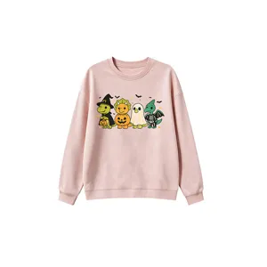 Cute kids Halloween dinosaur print crewneck sweatshirt long sleeve pink pullover top main view