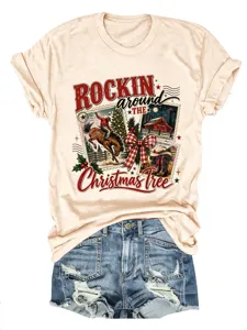 Vintage western Christmas t-shirt με τζιν σορτς για γυναίκες casual στυλ εμφάνιση.