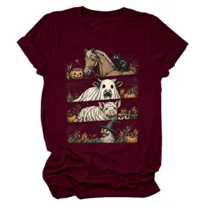 Mujer Camiseta Gráfica Halloween Animales Granja Lindos Caballo Gato Vaca Cerdo Bruja Top
