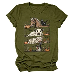 Camiseta casual verde militar de manga corta con detalle de estampado animal de Halloween.