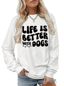 Detailansicht des grauen Damen Sweatshirts mit Rundhalsausschnitt und schwarzem Print.