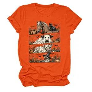 Camiseta de mujer naranja con estampado animal de Halloween cuello redondo manga corta