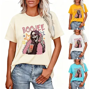 T-shirt femme manches courtes décontracté avec imprimé graphique squelette rétro et col rond.