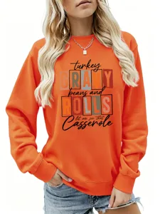 Sweat-shirt décontracté à manches longues pour femme en orange vif avec imprimé de vacances.