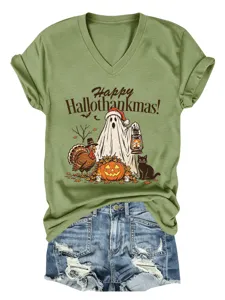 Dames Casual Print V-Hals Korte Mouw T-Shirt Herfst Vakantie Leuke Top Shirt Dames