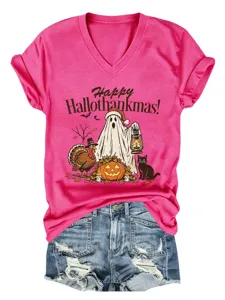 Casual roze V-hals korte mouw t-shirt met grappig vakantie grafisch ontwerp voor dames.
