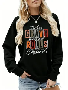 Vue détaillée du sweat-shirt graphique Thanksgiving pour femme avec texte festif.
