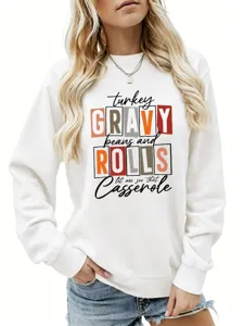 Vue détaillée du sweat blanc pour femme avec impression de texte Thanksgiving amusant et manches longues.
