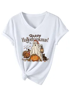 Casual dames V-hals korte mouw T-shirt met grappige vakantie grafische print en knoop.