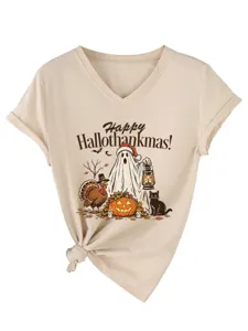 Casual V-hals t-shirt met korte mouwen, grappige feestdagengrafiek en stijlvolle knoop aan zijkant.