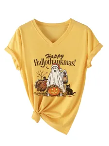 Dames v-hals korte mouw geel t-shirt met grappige vakantie grafische knoop zoom top