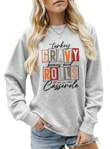 Femme automne hiver sweat-shirt gris col rond Thanksgiving drôle lettre impression haut manches
