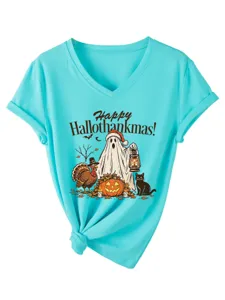 Dames V-Hals Korte Mouw T-Shirt Casual Grappig Hallothankmas Grafisch Print Top
