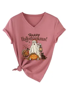 Stijlvolle dames casual V-hals korte mouw T-shirt met vakantieprint en strikknoop.