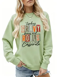 Femme décontracté manches longues sweat-shirt graphique vert action de grâce haut mignon