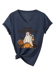 Dames V-hals korte mouw casual T-shirt vakantie grafische top stijlvol dames shirt
