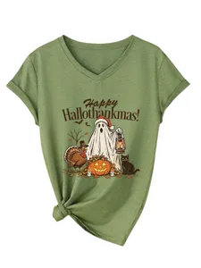 Casual dames V-hals korte mouw T-shirt met feestelijke grafische print en knoopdetail.