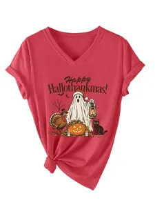 Vrouwen grafisch v-hals korte mouw t-shirt grappige vakantie print casual zomer top