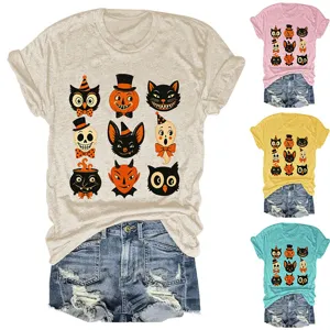 Women Halloween graphic short sleeve t-shirt vintage retro style casual crew neck top detail