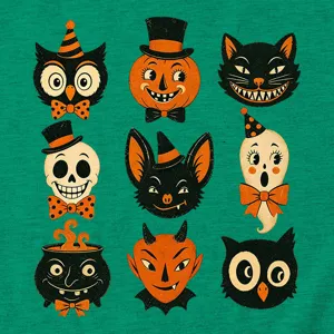 Vintage Halloween graphic t-shirt featuring retro spooky cartoon character prints for women.