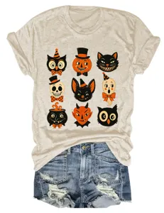 Vintage Halloween Graphic Print Women T-Shirt Casual Round Neck Short Sleeve Tee Tops