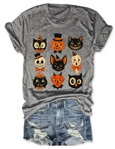 Vintage Halloween graphic print grey crewneck short sleeve t-shirt with denim shorts