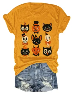Retro Halloween cartoon nine-grid print short sleeve t-shirt paired with ripped denim shorts.