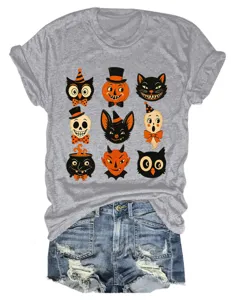 Vintage Halloween 9-icon print grey short-sleeve t-shirt paired with denim shorts.