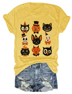 Women vintage Halloween graphic short sleeve t-shirt, casual round neck tee top detail.