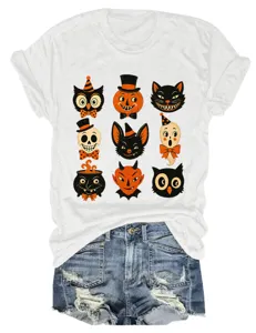 Vintage Halloween Funny Cartoon Print Women White Short Sleeve T-Shirt With Denim Shorts