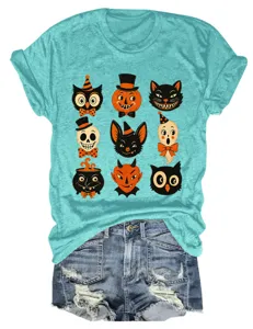 Women vintage Halloween graphic t-shirt with denim shorts short sleeve casual top tee