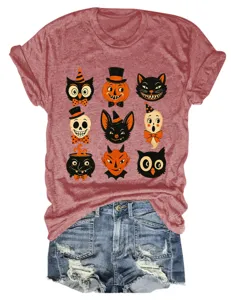 Vintage Halloween graphic print short sleeve round neck t-shirt for women casual top.