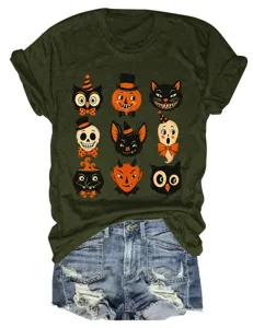 Detail view of the vintage Halloween graphic print with retro pumpkin and cat icons.