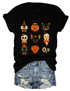 Retro Halloween graphic print detail on black short sleeve t-shirt paired with denim shorts.