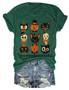 Vintage Halloween graphic print dark green crew neck short sleeve t-shirt with denim shorts detail