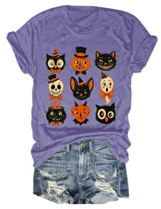 Vintage Halloween graphic print short sleeve crewneck t-shirt casual top for women.