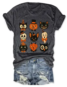 Women vintage Halloween graphic short sleeve t-shirt casual cute cartoon owl pumpkin tee
