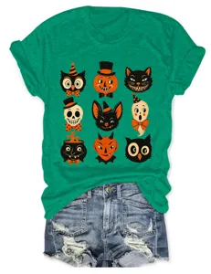 Retro Halloween graphic green short sleeve t-shirt paired with ripped denim shorts