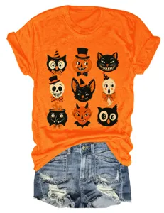 Orange Halloween retro graphic crewneck short sleeve t-shirt paired with denim shorts.