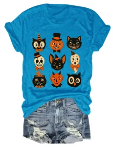 Vintage Halloween 9 icons print short sleeve t-shirt paired with stylish denim shorts.