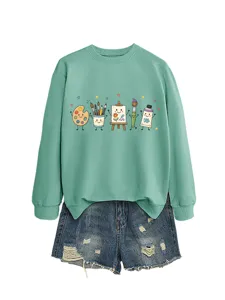 Felpa girocollo a maniche lunghe con stampa di articoli d'arte e pantaloncini di jeans da donna.