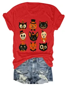 Women vintage Halloween graphic short sleeve t-shirt with cute spooky icons casual top