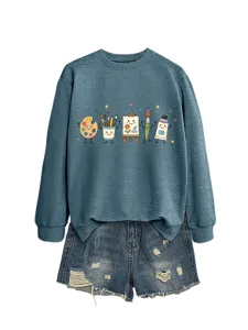 Felpa girocollo con stampa di articoli d'arte carini e pantaloncini di jeans strappati.