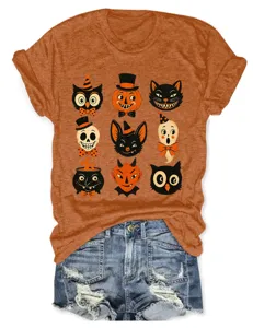 Women vintage Halloween graphic t-shirt casual orange short sleeve tee with cute retro prints.