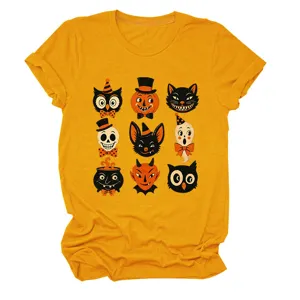 Vintage Halloween graphic short sleeve t-shirt for women, fun retro print crewneck top.