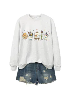 Felpa girocollo a manica lunga da donna con stampa di forniture d'arte kawaii e divertenti